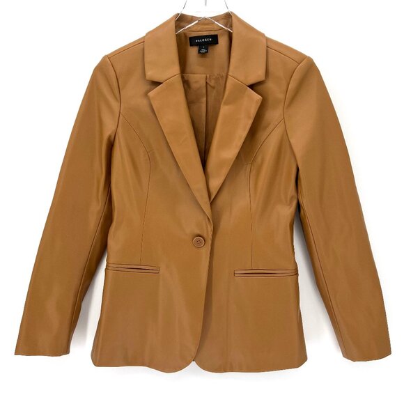 Halogen Faux‎ Leather Blazer Size Small One Button Jacket Tan Brown Officecore - Picture 1 of 9